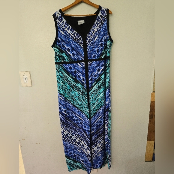 Catherines Sleeveless Maxi Dress 0X 14/16W Blue/White/Black/Green Beach - Picture 1 of 9